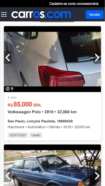 tarjeta de clasificados en carros.com Brasil