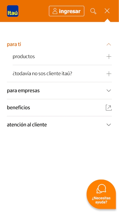 Megamenú Itaú en movil