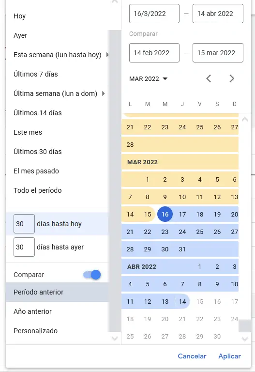 selector de rangos de fechas de AdWords comparando períodos