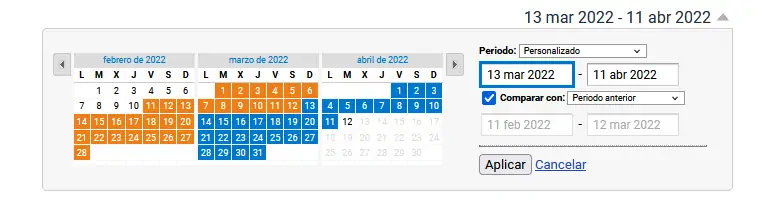 selector de rangos de fechas de Google Analytic mostrando la comparación