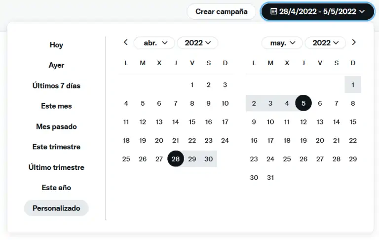 selector de rangos de fechas de TwitterAds
